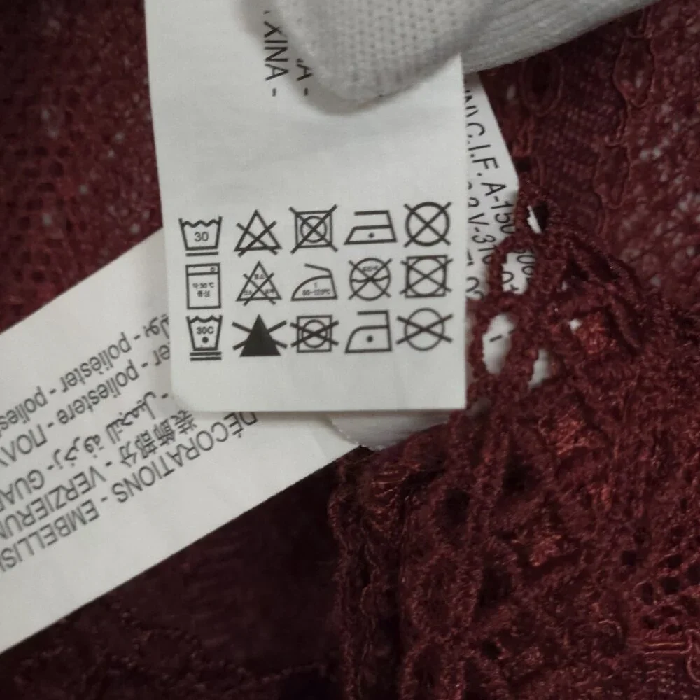 Zara Sheer Lace Blouse S Smocked Ruffle Burgundy Red Boho Romantic Whimsigoth - Picture 13 of 15